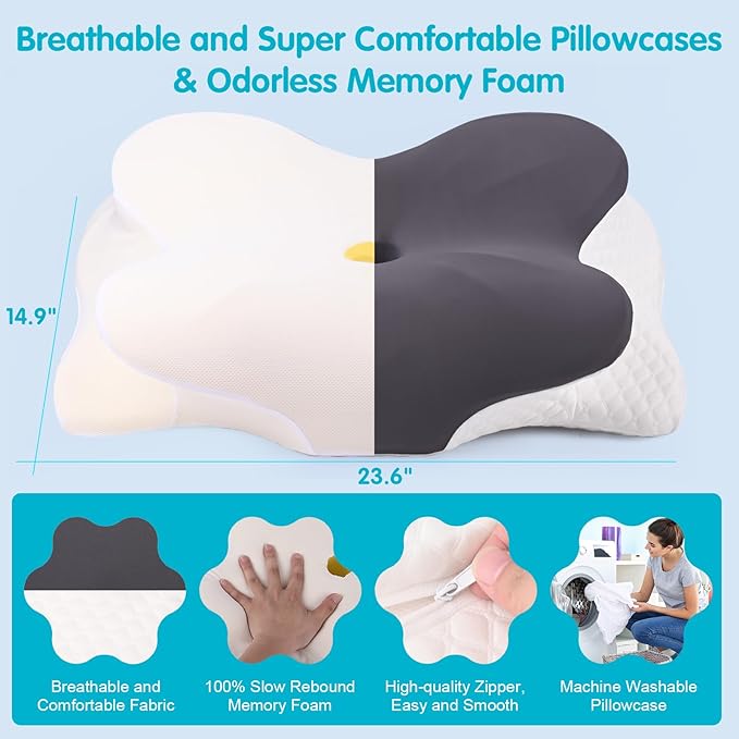 Memory Foam Pillows, Cervical Pillow for Neck Pain Relief, Odorless Ergonomic Pillow with Comfortable Pillowcase, Adjustable Orthopedic Bed Pillow for Sleeping, Support for Side Back Sleepers