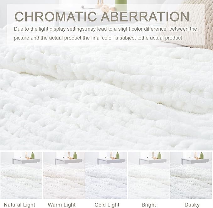 Chunky Knit Throw Blanket 50"X 60", 100% Handmade with Soft Chenille Yarn, 4.4lbs Thick Cable Knitted Blankets, Large Rope Knot Crochet Throws for Couch Sofa Bed Home Decor, Snow White