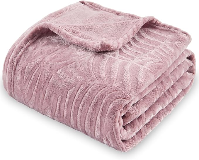 SOCHOW Super Soft Flannel Fleece Bed Blanket, Lightweight Cozy Warm Leaves Textured Plush Blanket as Bedspread Coverlet Bed Cover for All Seasons, 90 x 90 Inches, Dusty Rose