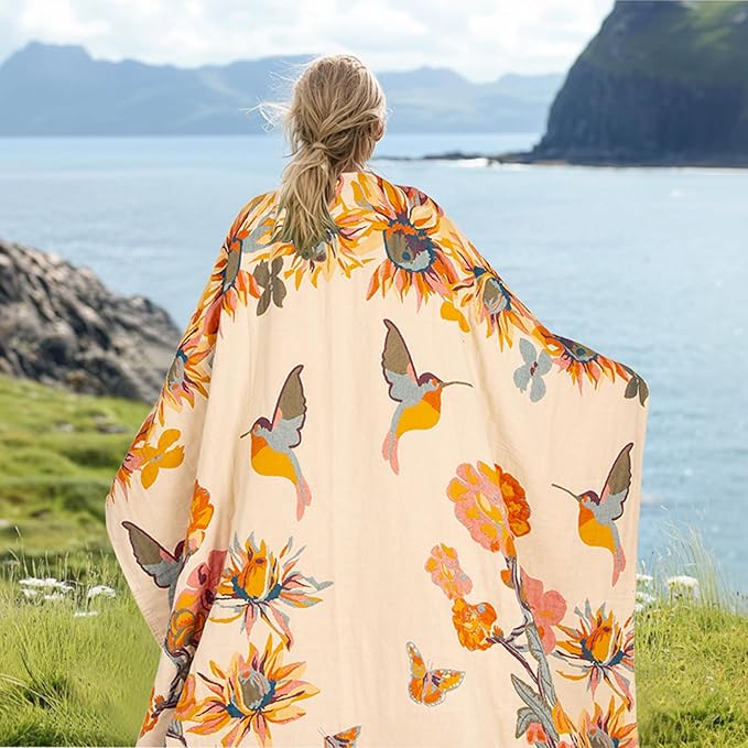 MACEVIA 100% Cotton Boho Throw Blanket, Soft Lightweight Butterfly Floral Design, 80"x90" Large Bedspread for Queen Bed, Couch Sofa, Cottagecore Decor(Butterfly Floral)