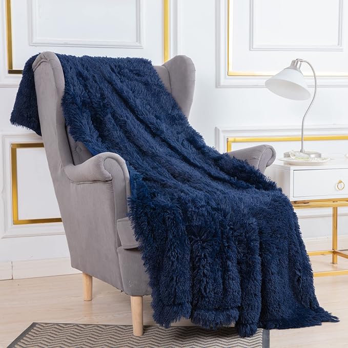 YUSOKI Navy Blue Faux Fur Throw Blanket,2 Layers,50" x 60" Cozy Plush Fluffy Blanket Furry Fuzzy Warm Cute Shaggy Blanket for Fall Bed Living Room Décor Baby Women Pet