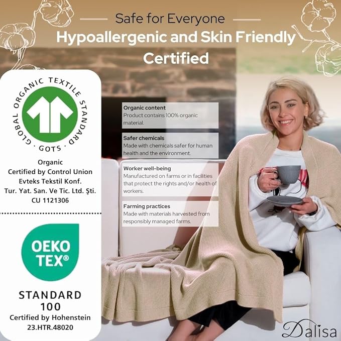 100% Organic Turkish Cotton Throw Blanket - GOTS Certified, Cozy - Perfect for Couch, Bed, and Home Decor - Boho Vintage Knit Alina (Beige, 60x80)