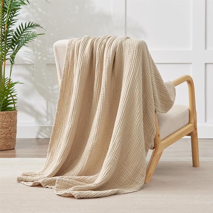 100% Cotton King Size Blankets for Bed 108" x 90", 6 Layers Cooling and Soft Muslin Throw Blanket, Lightweight Quilt Bedspread Coverlet, Gauze Blanket for Adults All Season, Linen Beige