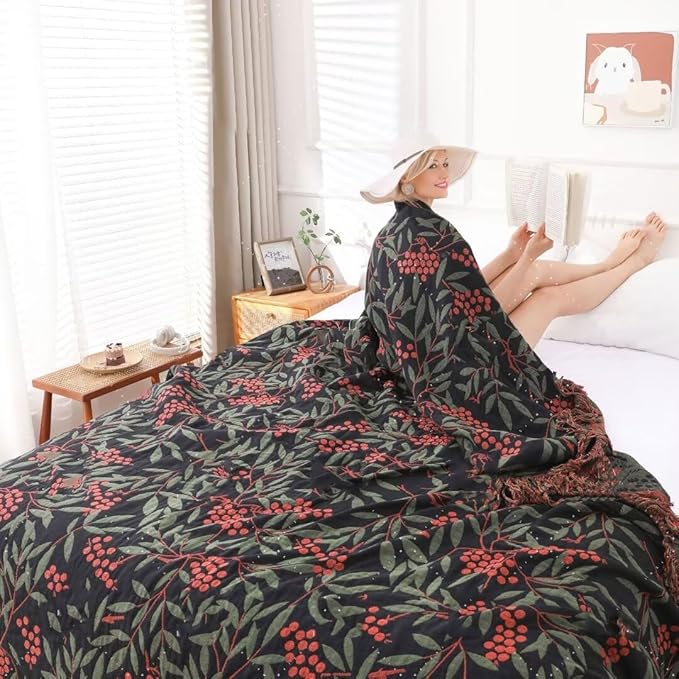 Summer Boho Throw Blankets for Bed Couch All Season Cotton Throw Blankets 80"x90" Premium Knitted Warm Boho King Quilt for Farmhouse Lightweight Decor Blankets Best Gifts for Women