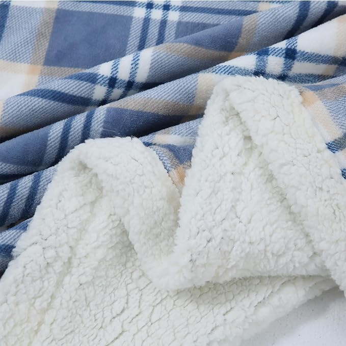 PU MEI Sherpa Blanket Twin Plaid Thick Bed Blanket, 60”*80” Super Soft Flannel Fuzzy Fleece Reversible Velvet Plush Warm Blanket for Couch (Blue White Check)