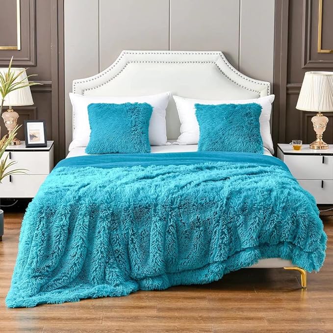 YUSOKI Teal Queen Faux Fur Blanket,2 Layers,90"x90" Without Pillows Big Soft Plush Fuzzy Large Warm Fluffy Throw Blanket for Bed