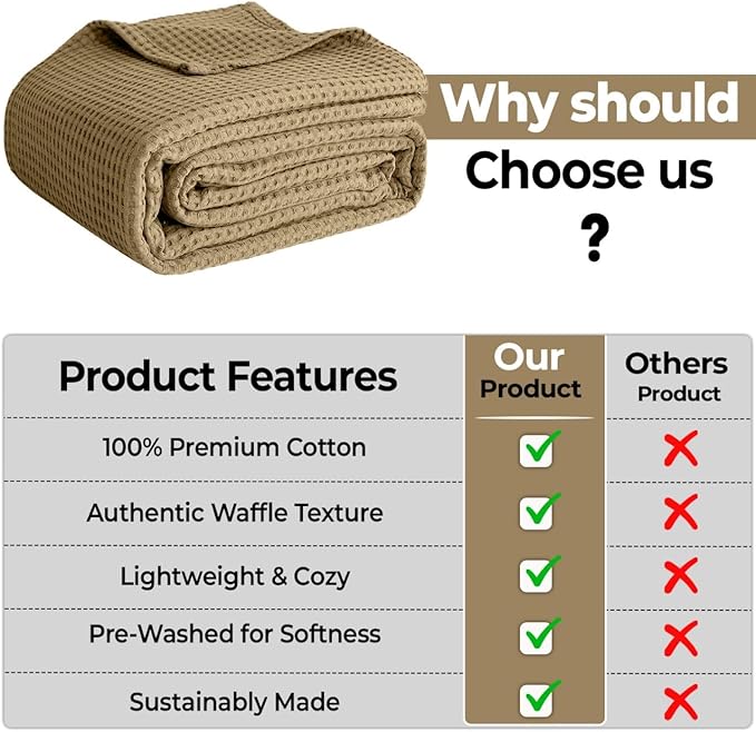 100% Cotton Blankets Throw Size for Bed - Waffle Weave Blankets for Summer, Lightweight and Breathable Soft Woven Blanket for Spring (Beige, Throw (50" x 60")