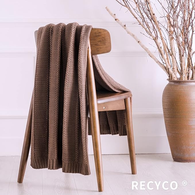 RECYCO Cable Knit Brown Throw Blanket Twin Size for Couch, Super Soft Warm Cozy Decorative Knitted Throw Blanket 3.6LB for Bed, Sofa, Chair Large 60"x80"