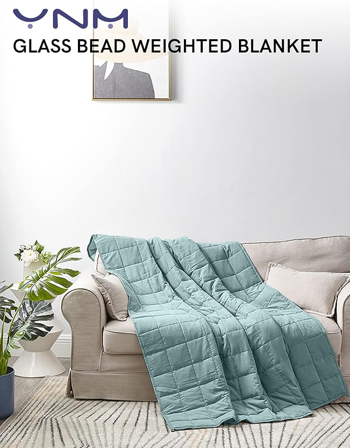 YnM Weighted Blanket —Cotton/Polyester Blend Fabric with Premium Glass Beads (Deep Green/Grey Reversible, 80''x87'' 20lbs), 90~160lb Persons Sharing Use on Queen/King Bed | A Duvet Included