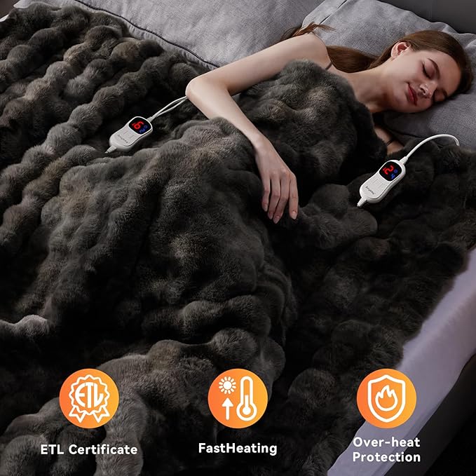 Heated Blanket Throw with 1/2/4/6/8 Hours Auto-Off 10 Heat Level, 90'' * 100'' Cozy Faux Rabbit Fur Bubble Electric Blanket with Overheat Protection(Tie-Dye Dark Grey)