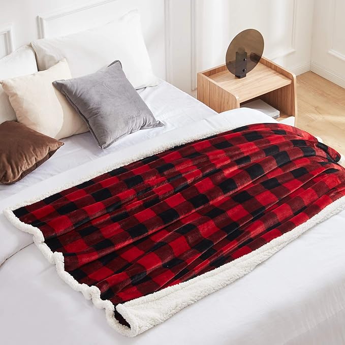 Touchat Sherpa Red and Black Buffalo Plaid Christmas Twin Blanket 60" X 70", Fuzzy Fluffy Soft Cozy Throw Blanket, Fleece Flannel Plush Microfiber Blanket for Couch Bed Sofa