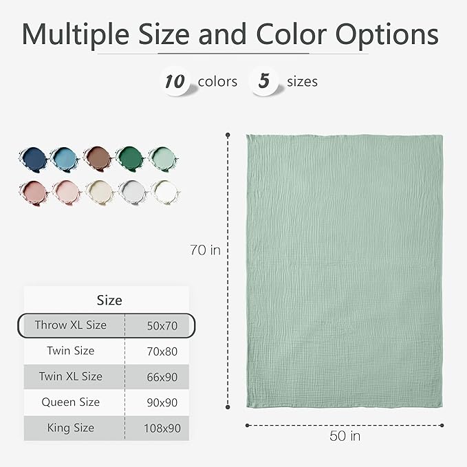 Carriediosa 100% Cotton Muslin Throw Blanket 50" X 70" Throw XL Size,4-Layers Summer Gauze Throws for Bed Couch,Soft Lightweight Breathable Linen Blankets Bedspread for Adults All Season,Sage Green