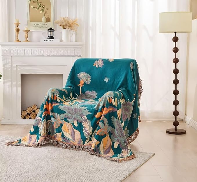 Fall Boho Throw Blanket for Bed 80"x90", 100% Cotton Boho Throws for Couch Sofa, Ultra Soft 4-Layers Woven Muslin Blanket with Floral Printed for All Season,Farmhouse Throws Bed Chair Cover