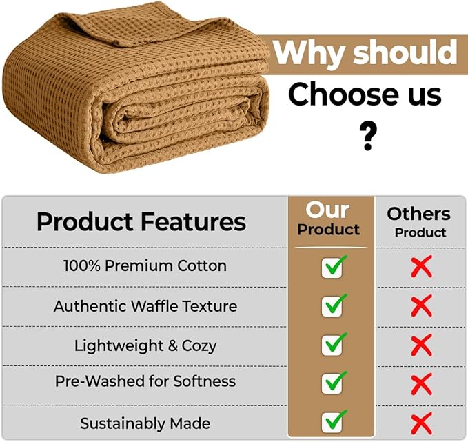 100% Cotton Blankets Queen Size for Bed - Waffle Weave Blankets for Summer, Lightweight and Breathable Soft Woven Blanket for Spring, White, 90x90 Inches (Orange, Queen (90" x 90"))
