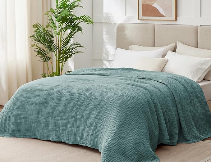 100% Cotton Muslin Blanket King 108" x 90", 6 Layers Breathable and Lightweight Cotton Throw Blanket for Bed, Soft Quilt Bedspread Coverlet, Gauze Blanket for Adults All Season, Teal