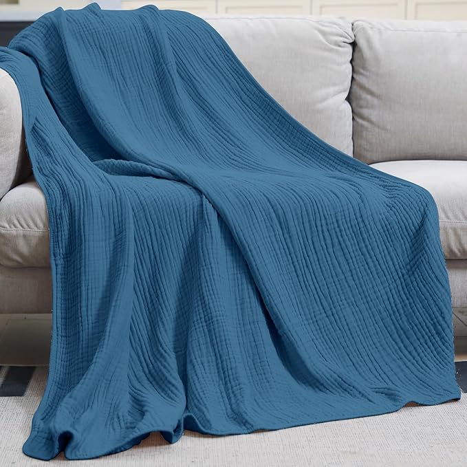 Yoofoss Muslin Blanket 100% Cotton Throw Large 50" x 60" for Bed Couch Summer Gauze Blanket for Adults Lightweight and Breathable Dark Blue