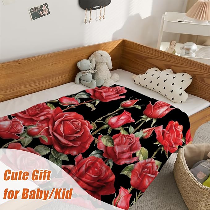 YeeJu Rose Baby Throw Blanket Small Red Floral Blanket for Toddler Swaddle Pet Crib Kids Soft Fuzzy Plush Fleece Blankets Black Spring Summer Flower Decorative Gift Blanket 30x40
