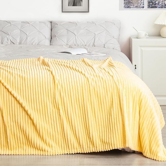 Vessia Flannel Throw Blanket with Pillow Cover for Couch,Sofa,Bed, 300GSM Striped Light Yellow Blanket for Adults, Super Soft Warm Cozy Ribbed Pale Yellow Throw for All-Season(50x71 inch)