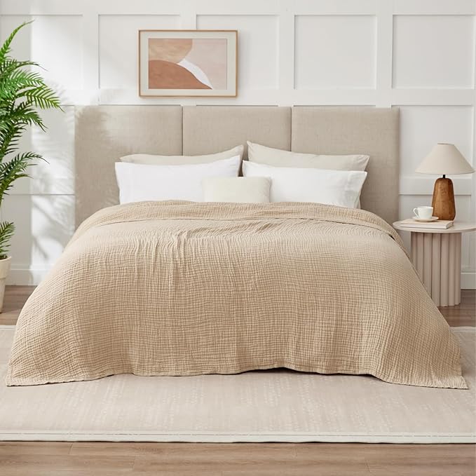 100% Cotton King Size Blankets for Bed 108" x 90", 6 Layers Cooling and Soft Muslin Throw Blanket, Lightweight Quilt Bedspread Coverlet, Gauze Blanket for Adults All Season, Linen Beige