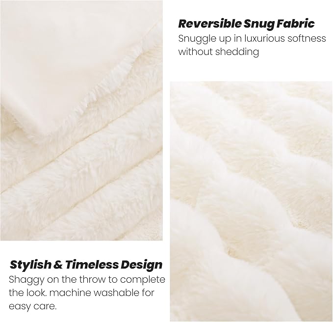Touchat Luxury Faux Rabbit Fur Throw Blanket for Couch,Super Heavy Warm Cozy Fuzzy Blanket for Sofa Bedroom Living Room,Ultra Soft Fluffy Reversible Plush Blanket for Home Decor Gifts,Cream White