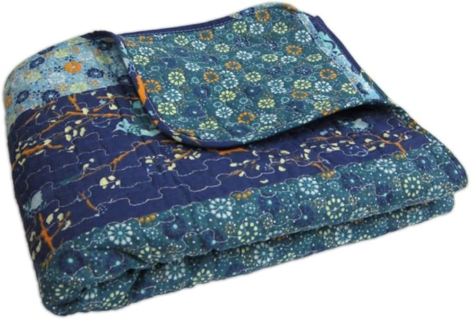 Lush Decor Royal Empire Reversible Cotton Throw Blanket, 50" W x 60" L, Peacock - Colorful Boho Patterns - Blue Throw - Fall Quilted Throw - Bohemian Striped Cotton Blanket For Bed, Couch, Or Chair