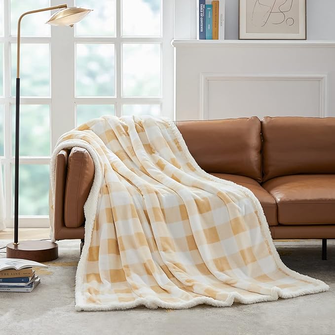 Touchat Sherpa Buffalo Plaid Twin Blanket 60" X 70", Fuzzy Fluffy Soft Cozy Throw Blanket, Fleece Flannel Plush Microfiber Blanket for Couch Bed Sofa(Beige)