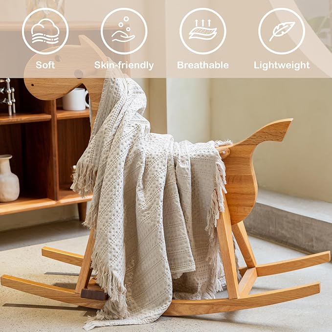 100% Cotton Waffle Blanket with Fringe, Pre-Washed Waffle Weave Blanket for All Season, Lightweight Breathable Soft Cozy Throw Blanket for Couch, Bed, Travel (Beige - 50x60 Inches)