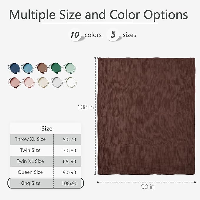Carriediosa 100% Cotton Muslin Throw Blanket 108" X 90" King Size,4-Layers Summer Gauze Throws for Bed Couch,Soft Lightweight Breathable Linen Blankets Bedspread for Adults All Season,Dark Brown