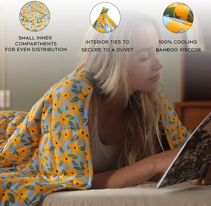 YnM Weighted Blanke, Heavy 100% Oeko-Tex Certified Cotton Material with Premium Glass Beads (Yellow Flower,60''x80'' 20lbs), Suit for One Person(~140lb) Use on Queen/King Bed