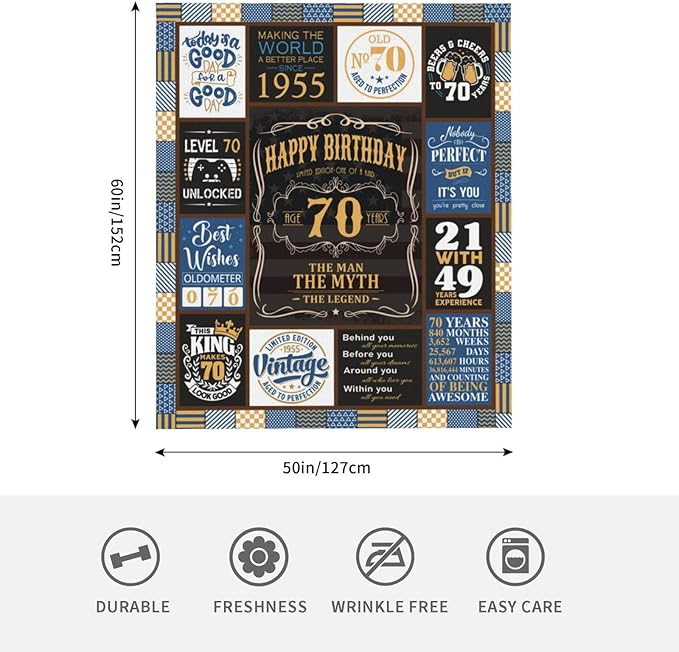 70th Blanket 60 x 50 inch, 70th Birthday Gifts for Men, Best Gifts for 70 Year Old Man, 70 Year Old Birthday Gifts for Men, 1955 Birthday Gifts for Dad, Mens 70 th Birthday Gift Ideas