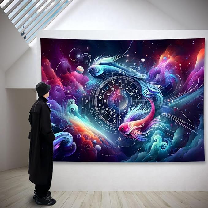Pisces Tapestry Wall Hanging Zodiac Sign Decoration Aesthetic for Bedroom Living Room Dormitory Suitable for Teen Boy and Girl Who Like Astrology 79x59 Inches
