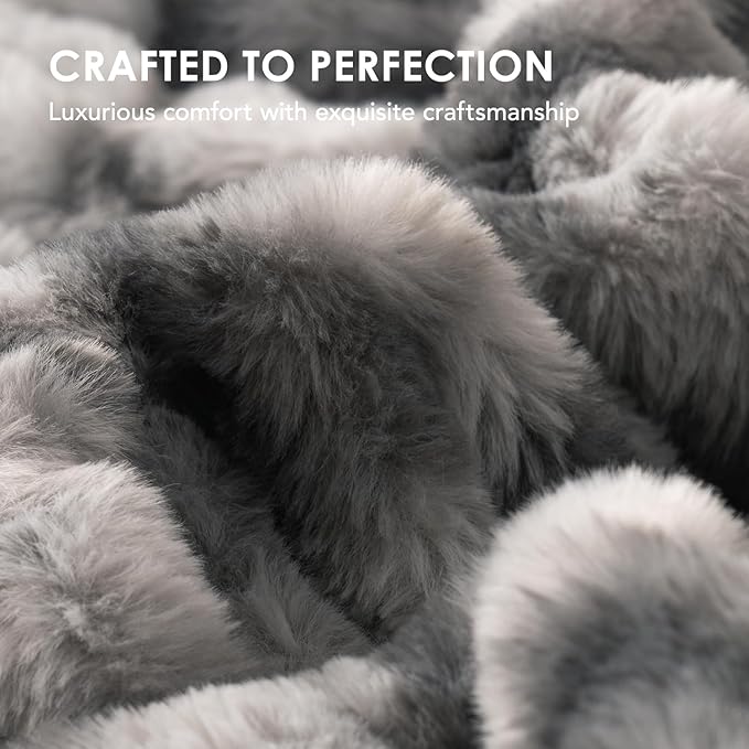 EVERGRACE Luxurious Soft Faux Rabbit Fur Throw Blanket, Cozy Fuzzy Plush Warm Throws for Couch Bed Sofa Chair Home Decor, Ruched Bubble Fluffy Blanket with Reversible Velvet, 60" x 80", Gray