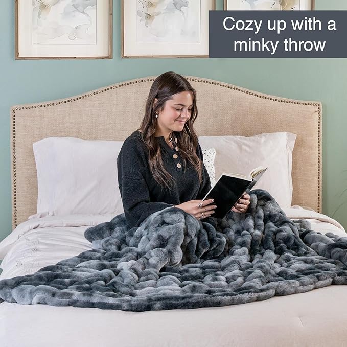 1i4 Group Outrageously Soft - Minky Luxe Faux Fur Throw Blanket - Ultra Plush Minky – Heavyweight Fabric – Elastic Stitched to Wrap Around You Like a Hug - Oversized 50 x 70 Inches – Gray