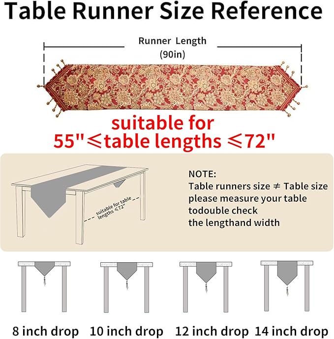 Luxury Vintage Design Table Runner 90 inches Long Embroidery Jacquard Fabric with Multi-Tassels Table Runners for Dining Room Dresser Christmas Thanksgiving Party Decorations (Red, 12X90inch)