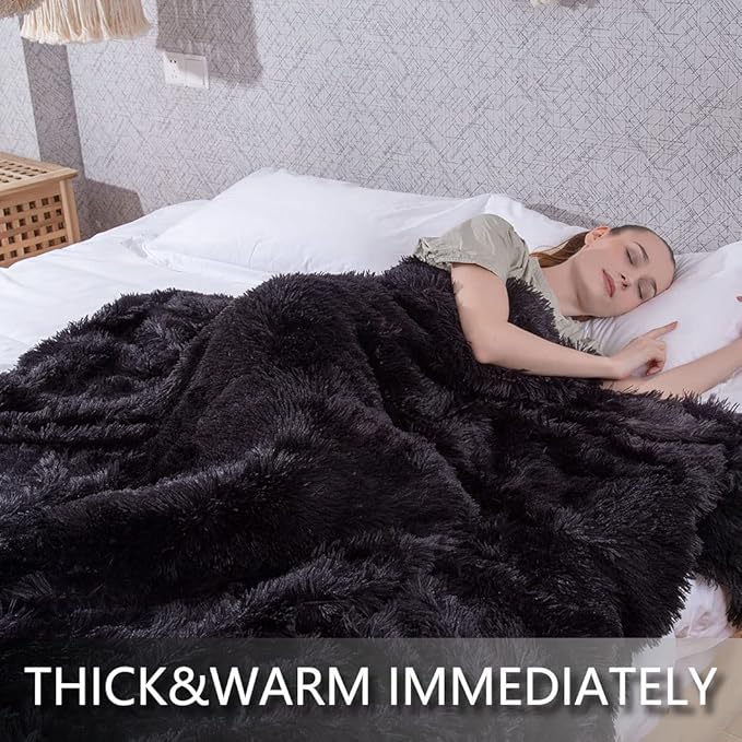 YUSOKI Black Faux Fur Throw Blanket,2 Layers,50" x 60", Soft Fuzzy Fluffy Plush Furry Comfy Warm Cozy Blanket for Couch Bed Chair Sofa Bedroom Mens Gift