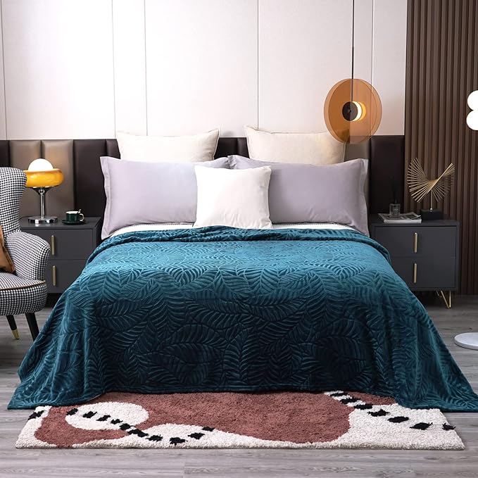 SOCHOW Super Soft Flannel Fleece Throw Blanket, Lightweight Cozy Warm Leaves Textured Plush Blanket for Bed Couch Sofa, 50 x 60 Inches, Blue Coral