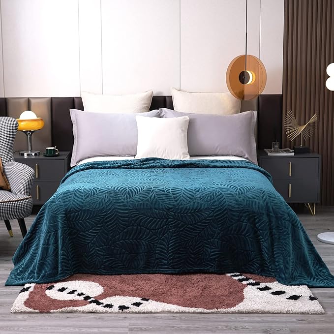SOCHOW Super Soft Flannel Fleece Bed Blanket, Lightweight Cozy Warm Leaves Textured Plush Blanket as Bedspread Coverlet Bed Cover for All Seasons, 90 x 90 Inches, Blue Coral