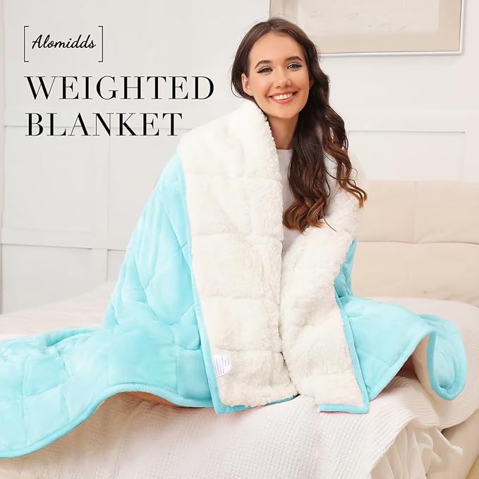 Alomidds Sherpa Fleece Weighted Blanket for Adults(15lbs Twin Size) Heavy Blanket with Fluffy Warm Thick Sherpa & Cozy Soft Flannel Snuggle Great for Sofa Bed Calming, 48x72 inches,Aqua