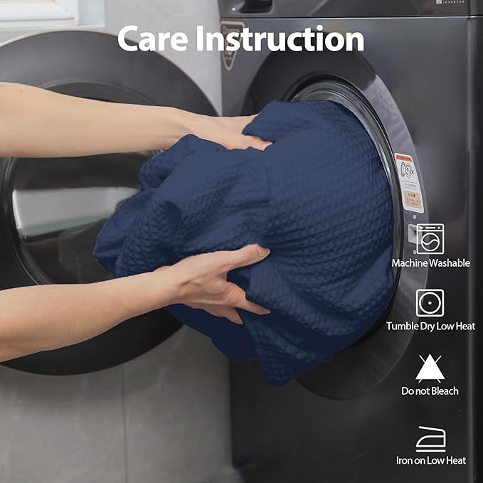 100% Cotton Waffle Blanket, Pre-Washed and Anti-Shrinkage Soft Lightweight Bed & Couch Blanket, 380 GSM Waffle Weave Throw Blanket for All Seasons(Navy Blue - Twin Size - 66" * 90")