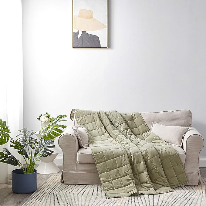 YnM Weighted Blanket — Cotton/Polyester Fabric with Premium Glass Beads (Avocado/White Reversible, 60''x80'' 20lbs), Suit for One Person(~190lb) Use on Queen/King Bed