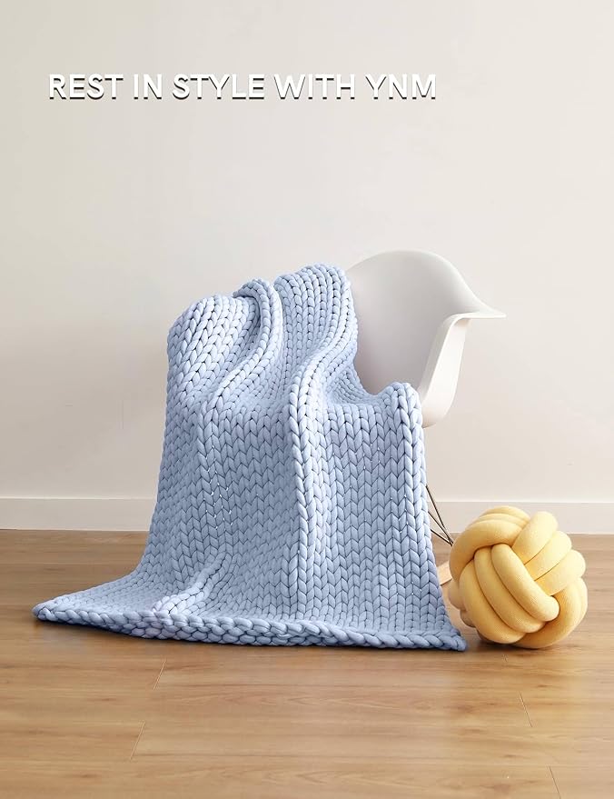 YnM Chunky Throw Blanket, Medium-Weight, Hand Knitted, Skin Friendly, Ventilated and Breathable, Machine Washable, Home Décor Piece for Couch, Sofa and Bed (Atlantis Blue, 40x50 Inch)