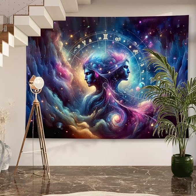 Gemini Tapestry Wall Hanging Zodiac Sign Decoration Aesthetic for Bedroom Living Room Dormitory Suitable for Teen Boy and Girl Who Like Astrology 79x59 Inches