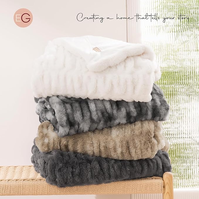 EVERGRACE Luxurious Soft Faux Rabbit Fur Throw Blanket, Cozy Fuzzy Plush Warm Throws for Couch Bed Sofa Chair Decor, Ruched Bubble Fluffy Blanket with Reversible Velvet, 60" x 80", Charcoal Gray