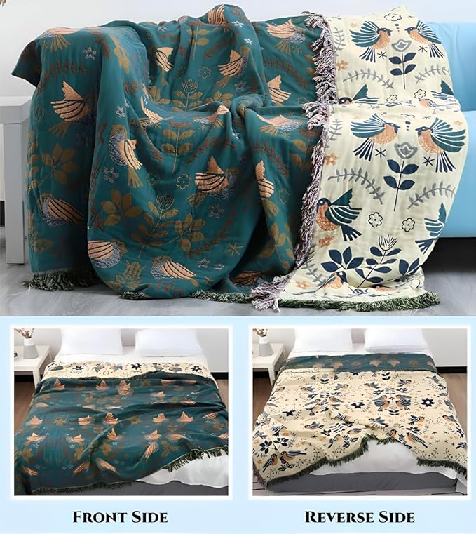 Organic Cotton Boho Throw Blankets for Bed,Sofa, Fall Throw Blankets Soft Cozy Cotton Quilted Blankets for All Season 80"x90",Versatile Ultra Soft Farmhouse Decor Blankets for Travel,Couch,Sofa