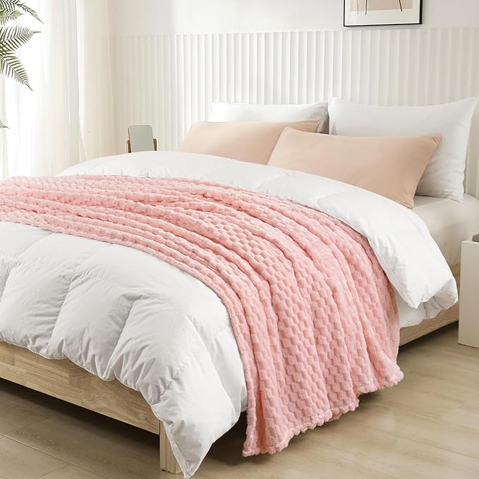 PHF Ultra Soft Flannel Fleece Blanket Queen Size, Lightweight 3D Jacquard Fleece Blanket, No Shedding, No Pilling, Luxury 340GSM Aesthetic Fluffy Cozy for Bed Room Decor, 90"x90", Pink