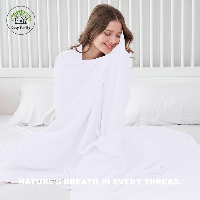 Cosy Family 100% Cotton Muslin Bed Blanket - Breathable & Lightweight, 55x80 Inches, White