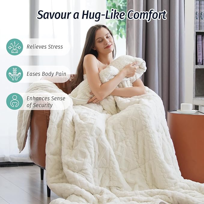 Wemore Weighted Blanket for Adults Twin Size 20 lbs, Dual Sided Soft Fuzzy Jacquard Sherpa Weighted Blankets Throw, Cozy Fluffy Knitted Heavy Blanket for Bed and Couch, Cream White, 60 x 80 inches