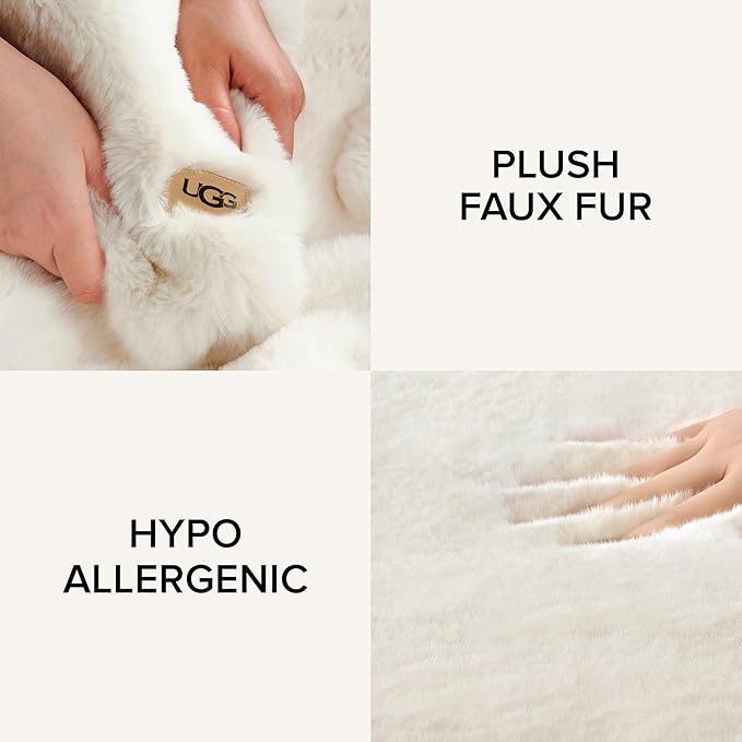 UGG Euphoria Plush Faux Fur Throw Blanket Medium Weight Reversible Luxury Soft Throw for Couch Bed or Chair Hypoallergenic Machine Washable Home Decor Fluffy Blanket, 50-inch x 70-inch, White Snow