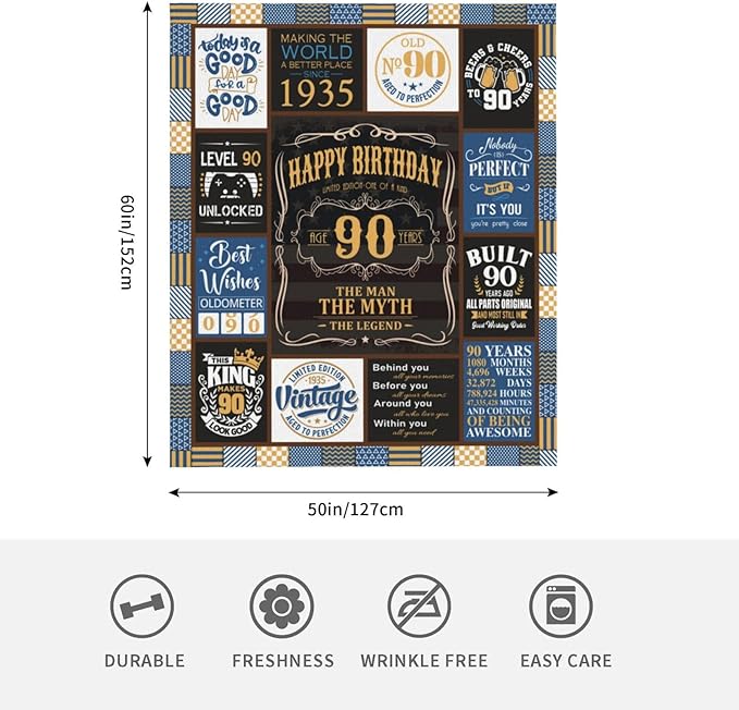 90th Birthday Blanket 60 x 50 inch - 90th Birthday Gifts for Men - 90 Year Old Birthday Gifts for Men - Best Gifts for 90 Year Old Man - 1935 Birthday Gifts - 90 th Birthday Gift Ideas