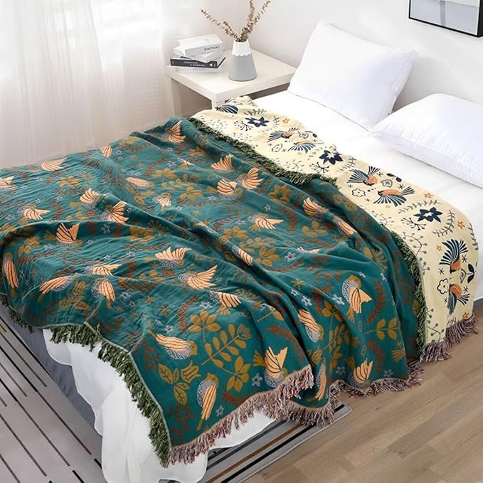Floral and Bird Boho Throw Blanket for Bed,100% Cotton Reversible Rustic Quilt 60"x80",Soft Cozy Farmhouse Muslin Decorative Fall Throw Blankets for All Season, for Sofa, Couch Chair,Travel